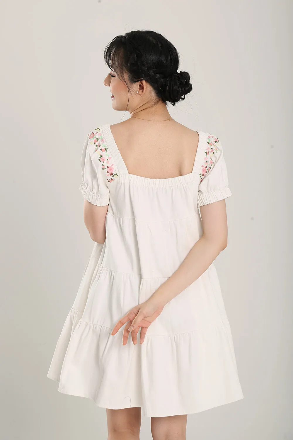Aleeza Embroidered White Denim Dress