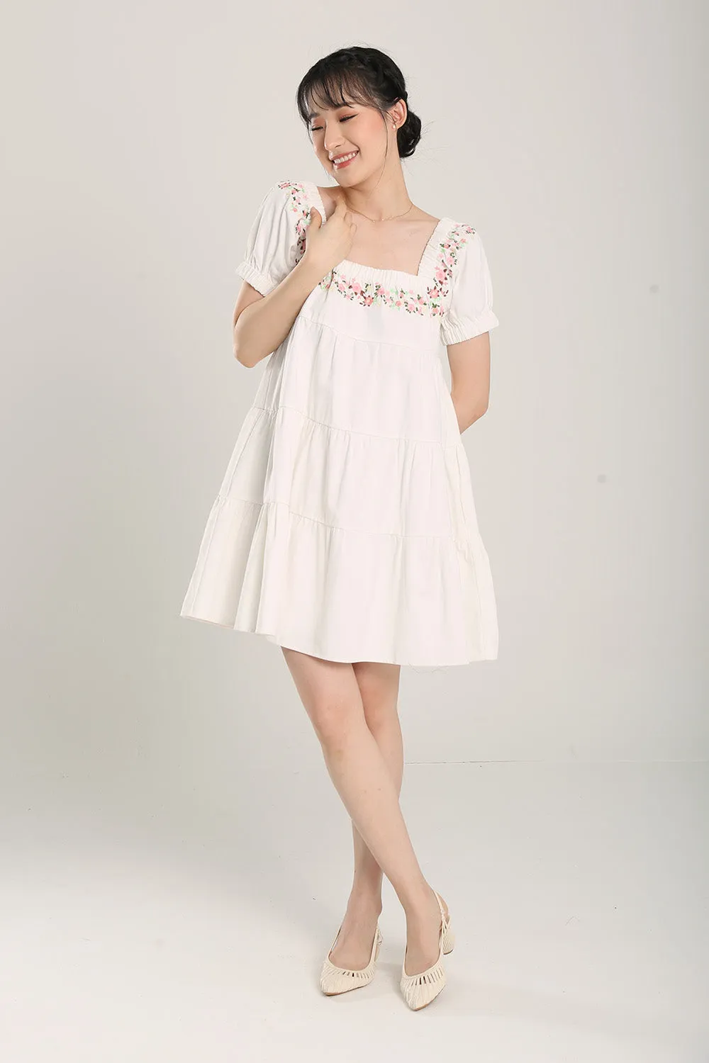 Aleeza Embroidered White Denim Dress
