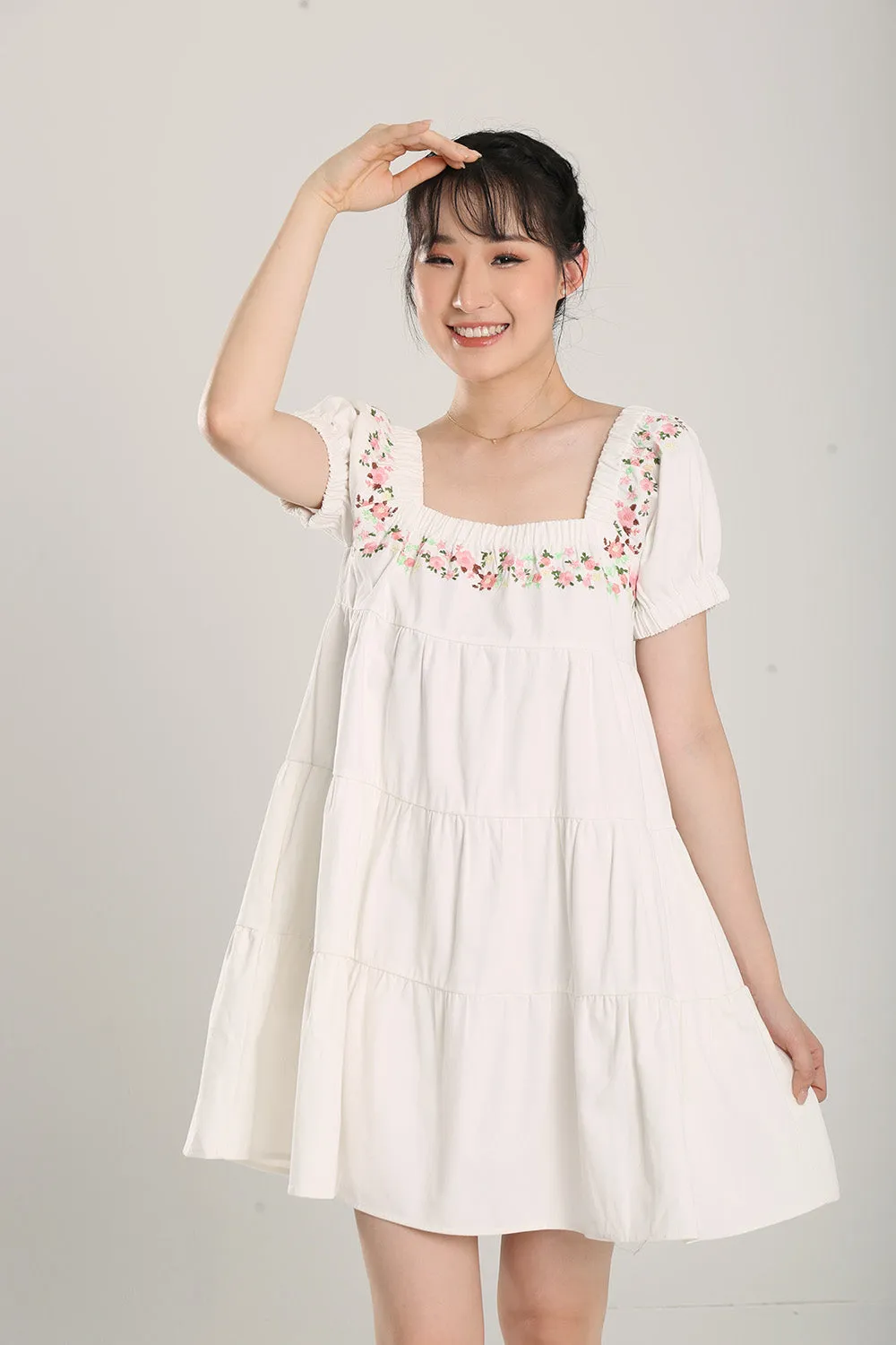 Aleeza Embroidered White Denim Dress