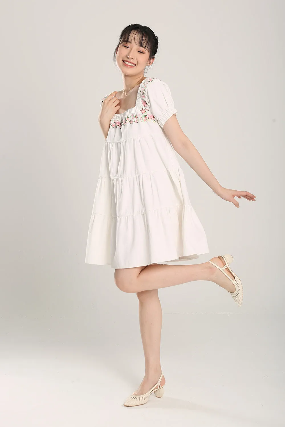 Aleeza Embroidered White Denim Dress
