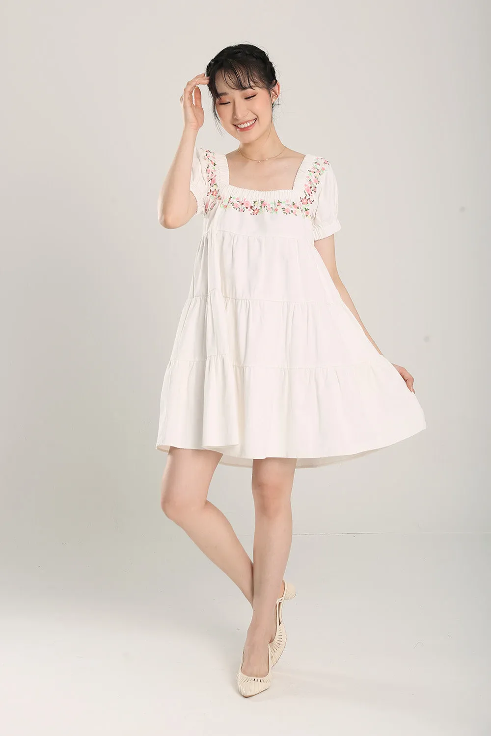 Aleeza Embroidered White Denim Dress