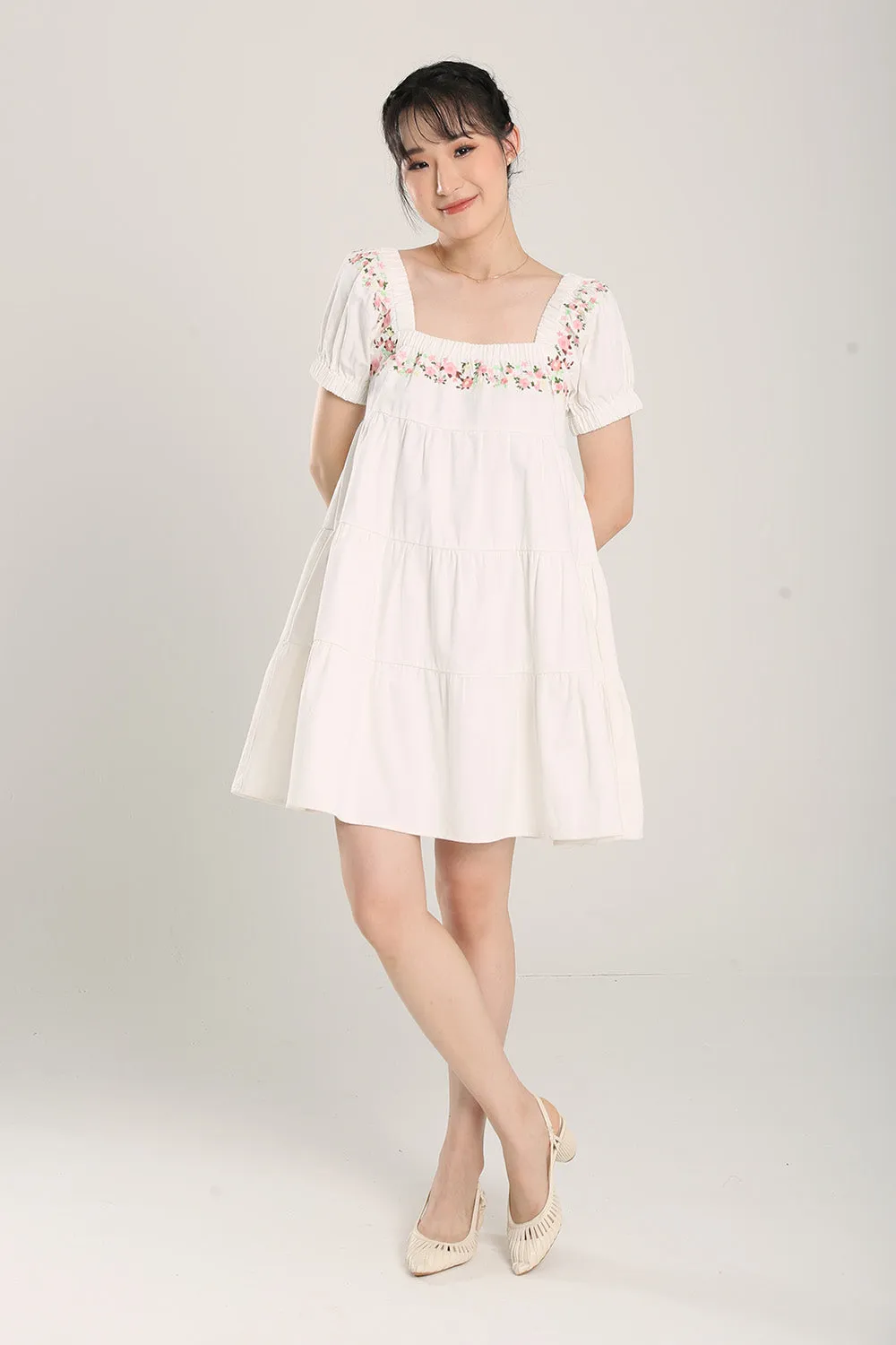 Aleeza Embroidered White Denim Dress