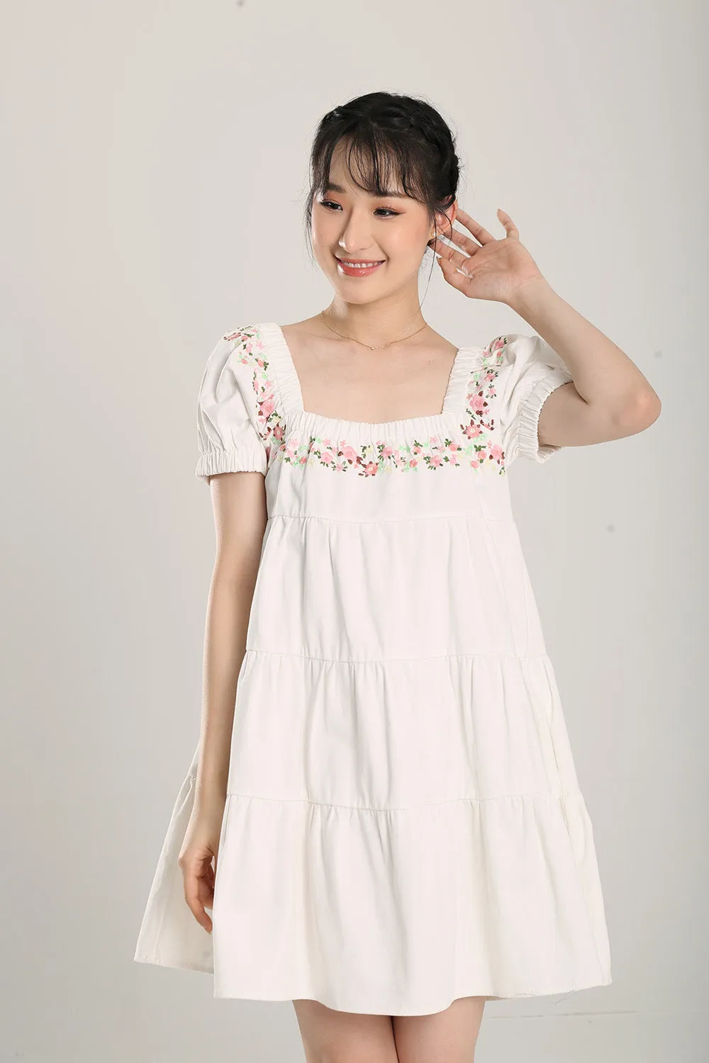 Aleeza Embroidered White Denim Dress