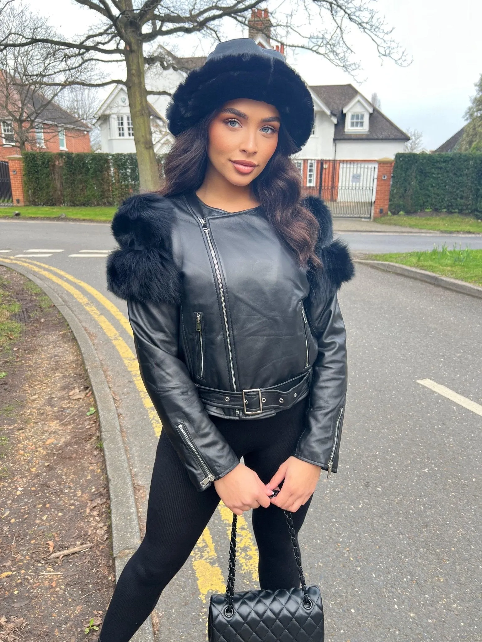 Black/Black Collarless Luxury Fur Biker Jacket