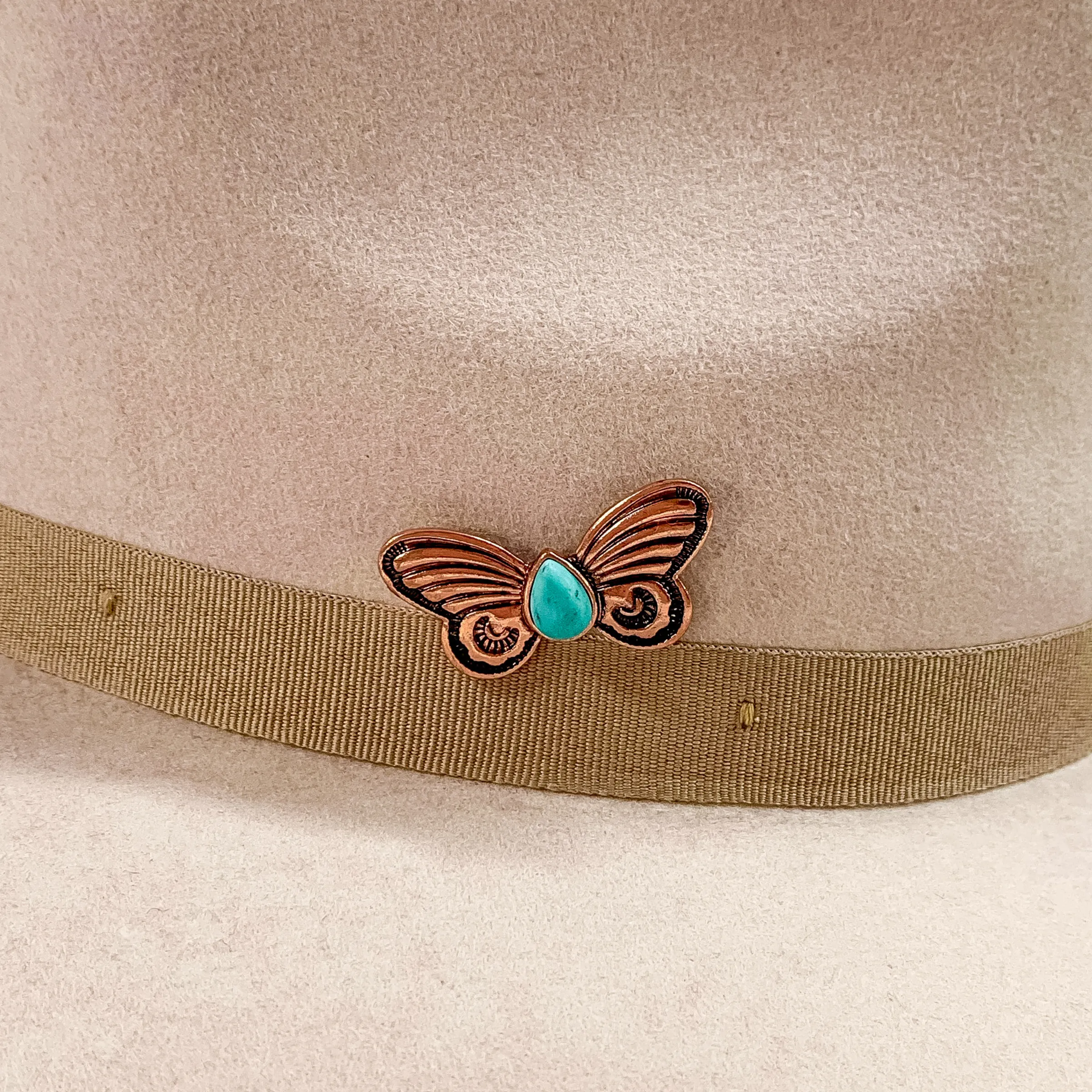 Butterfly Hat Pin with a Teardrop Turquoise Stone in Copper Tone