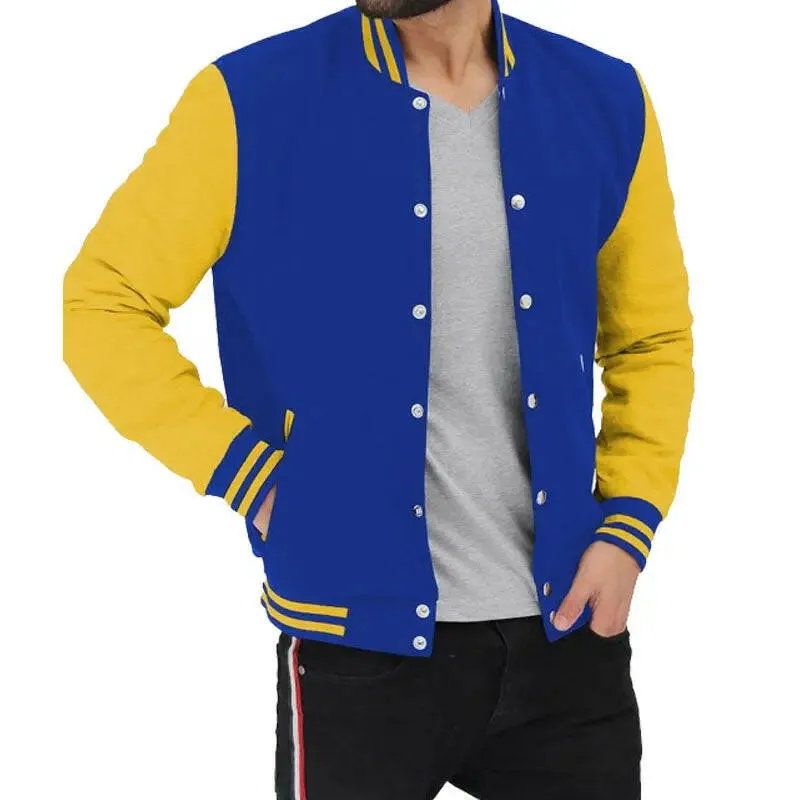 Buy Best Quality Blue And Yellow Baseball Style Shop Genuine Letterman Jacket For Men’s