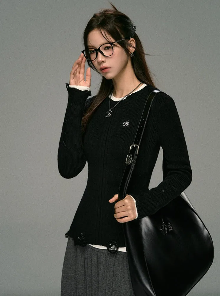 Distressed Ribbed Knit Sweater - Frayed Hem Long Sleeve Pullover