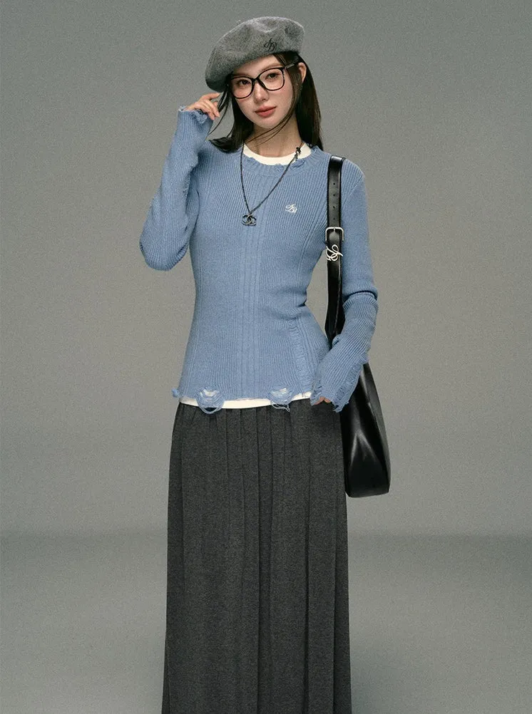 Distressed Ribbed Knit Sweater - Frayed Hem Long Sleeve Pullover