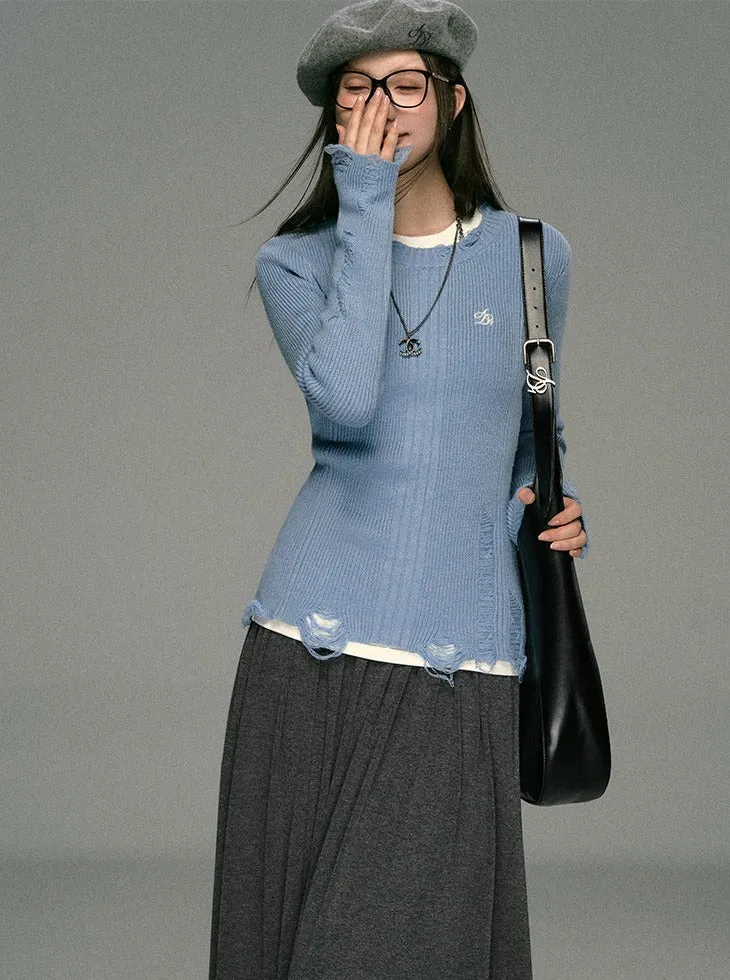 Distressed Ribbed Knit Sweater - Frayed Hem Long Sleeve Pullover