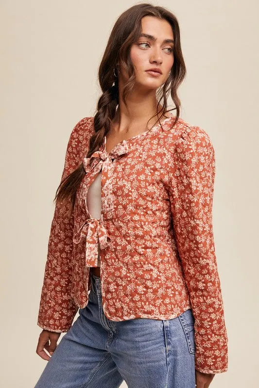 Ditzy Floral Print Front Bow Tie Quilt Jacket