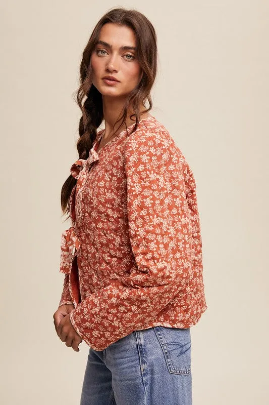 Ditzy Floral Print Front Bow Tie Quilt Jacket
