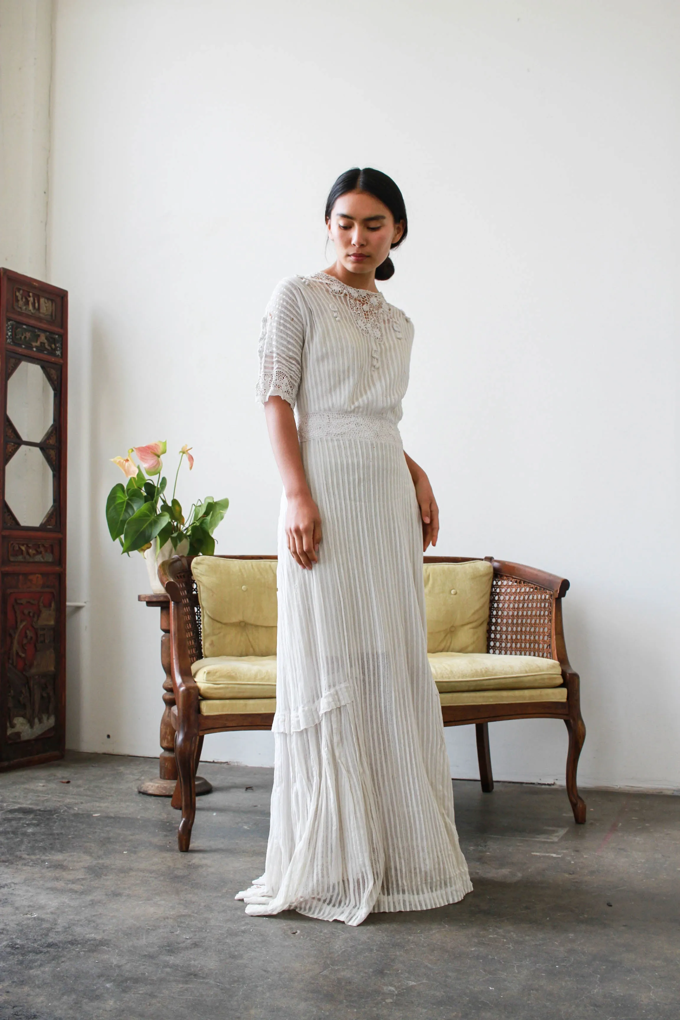 Edwardian White Pleated Net Lace Lawn Dress