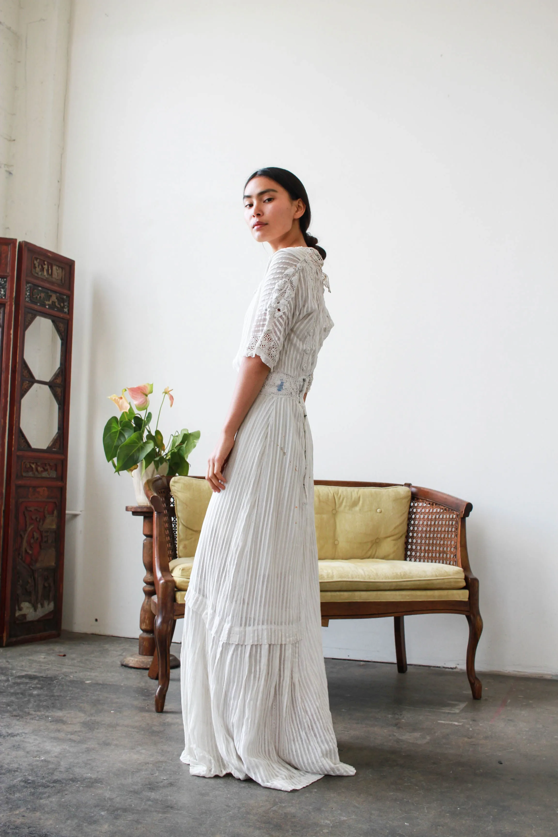 Edwardian White Pleated Net Lace Lawn Dress