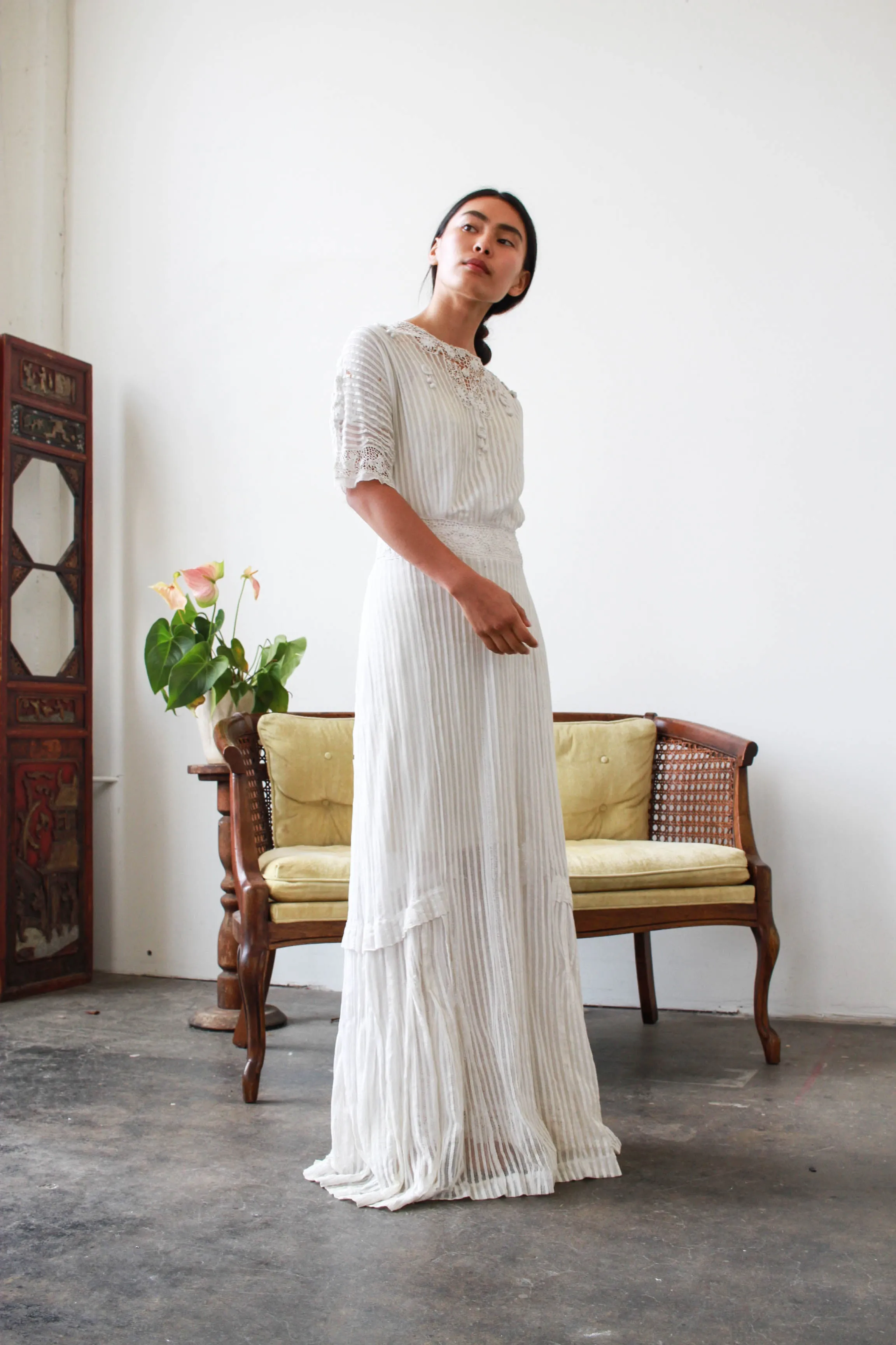 Edwardian White Pleated Net Lace Lawn Dress