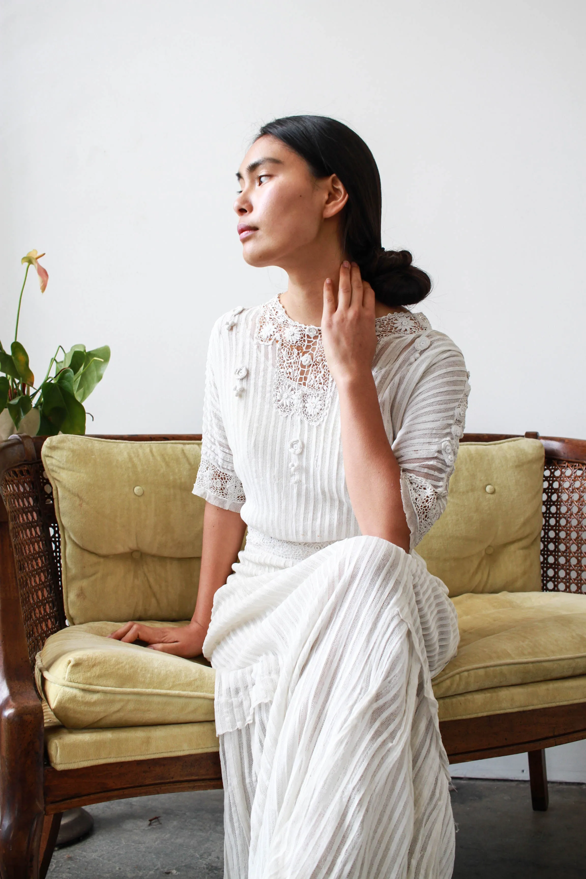 Edwardian White Pleated Net Lace Lawn Dress
