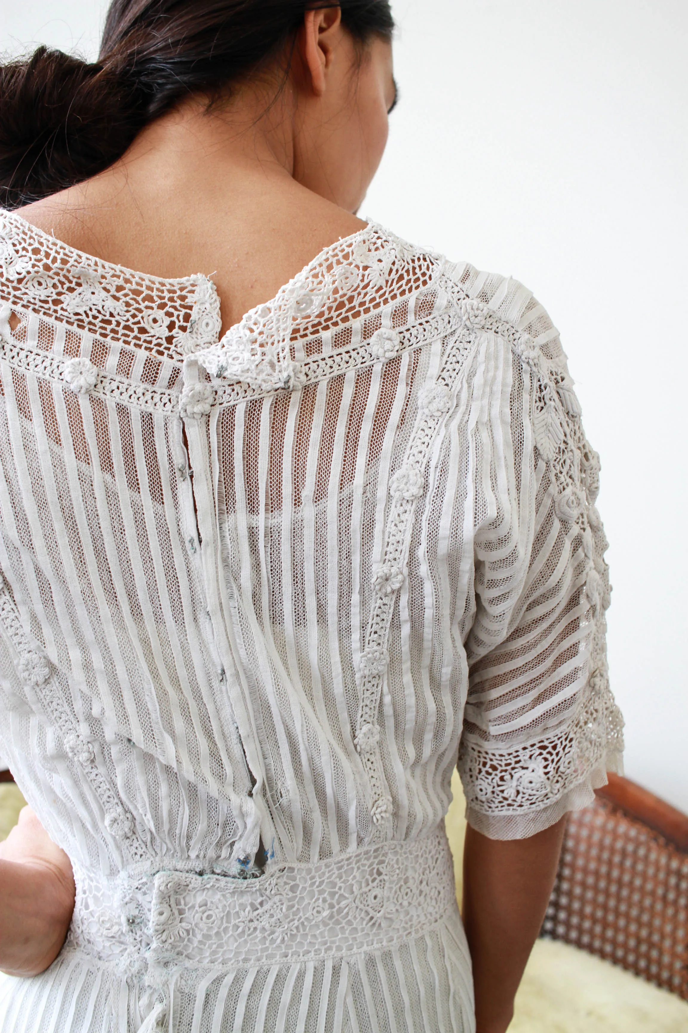 Edwardian White Pleated Net Lace Lawn Dress