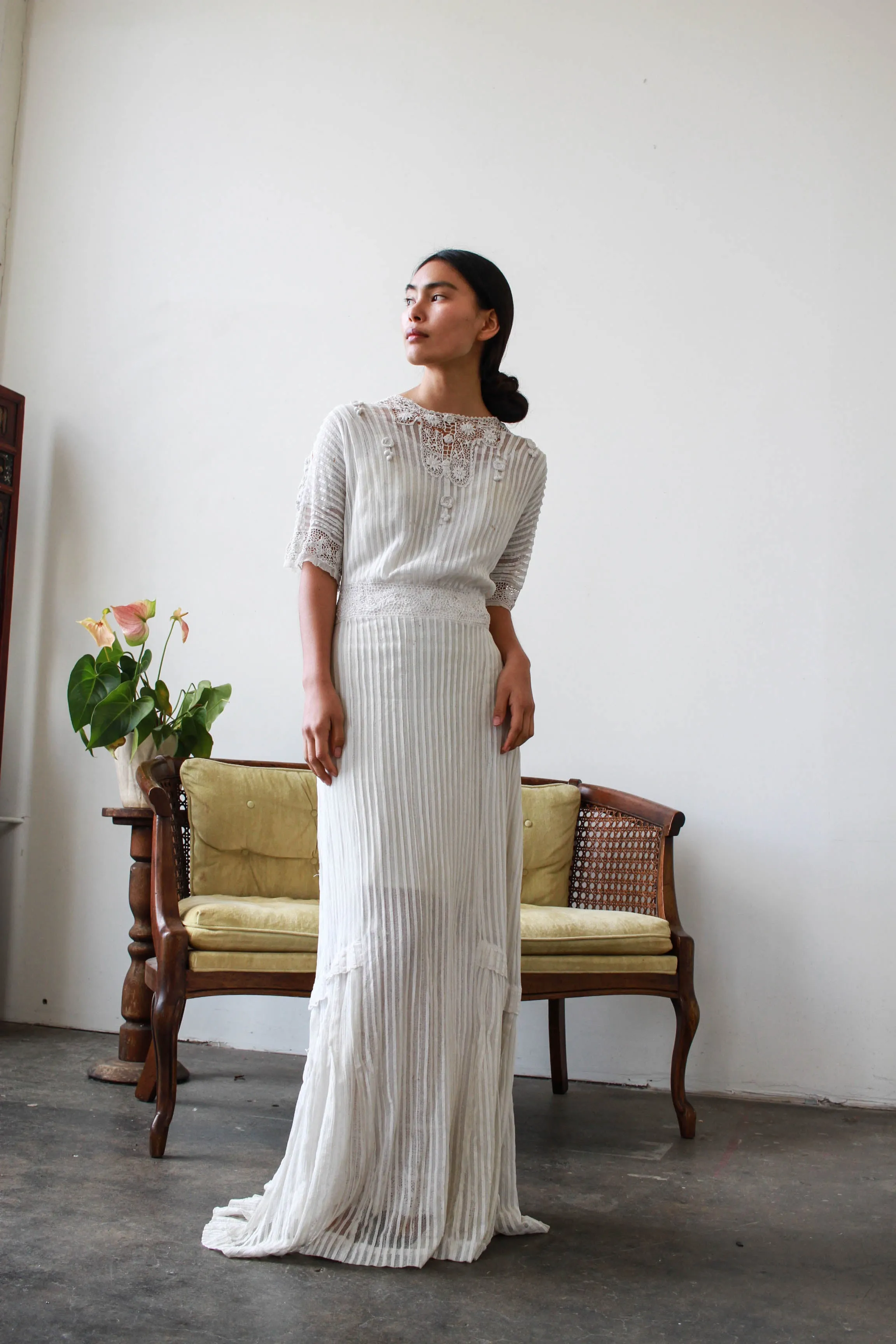 Edwardian White Pleated Net Lace Lawn Dress