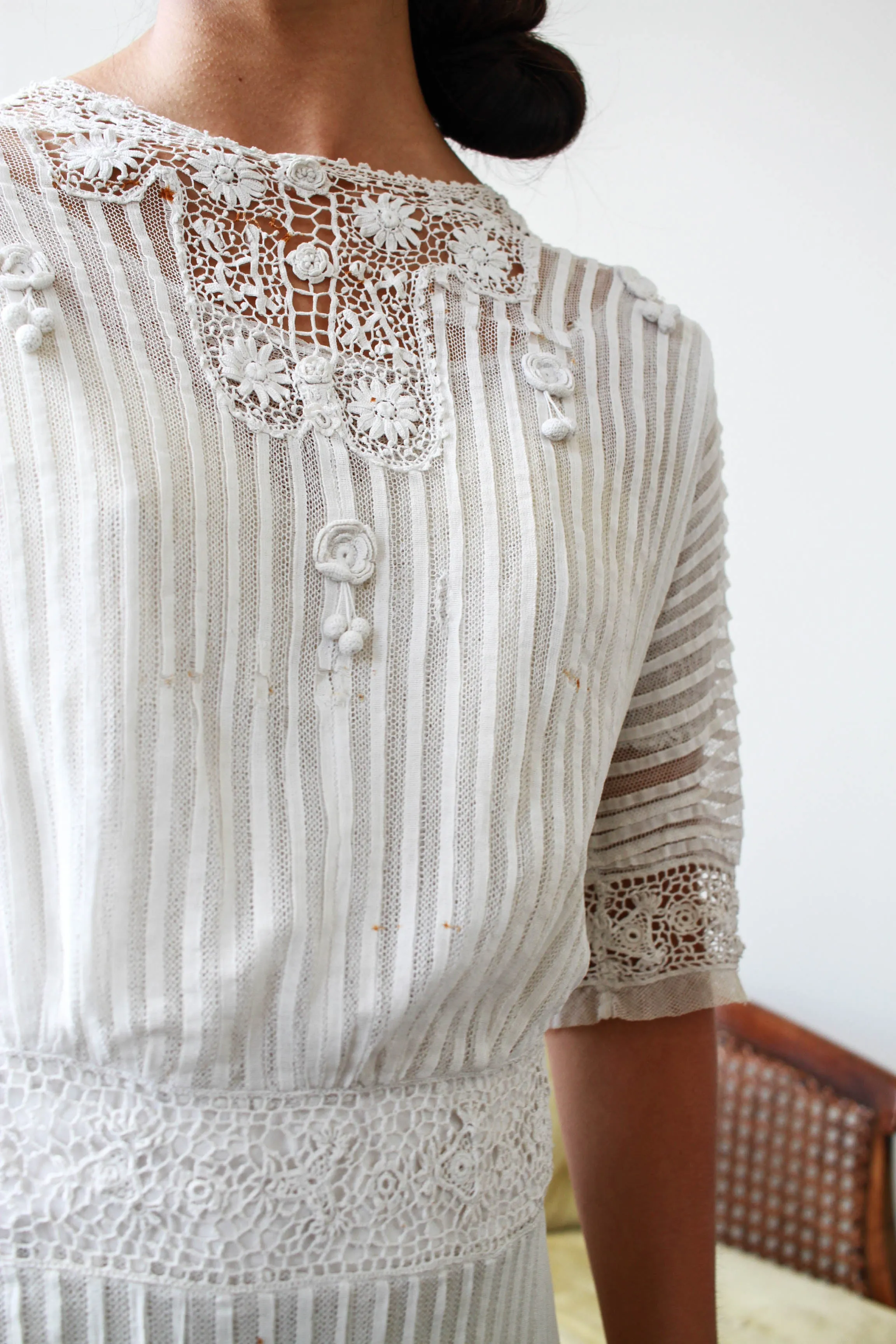 Edwardian White Pleated Net Lace Lawn Dress