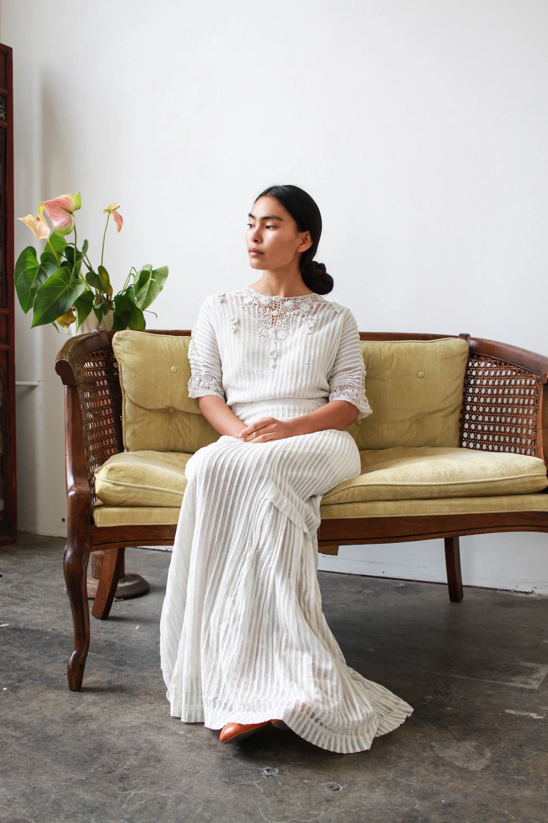 Edwardian White Pleated Net Lace Lawn Dress