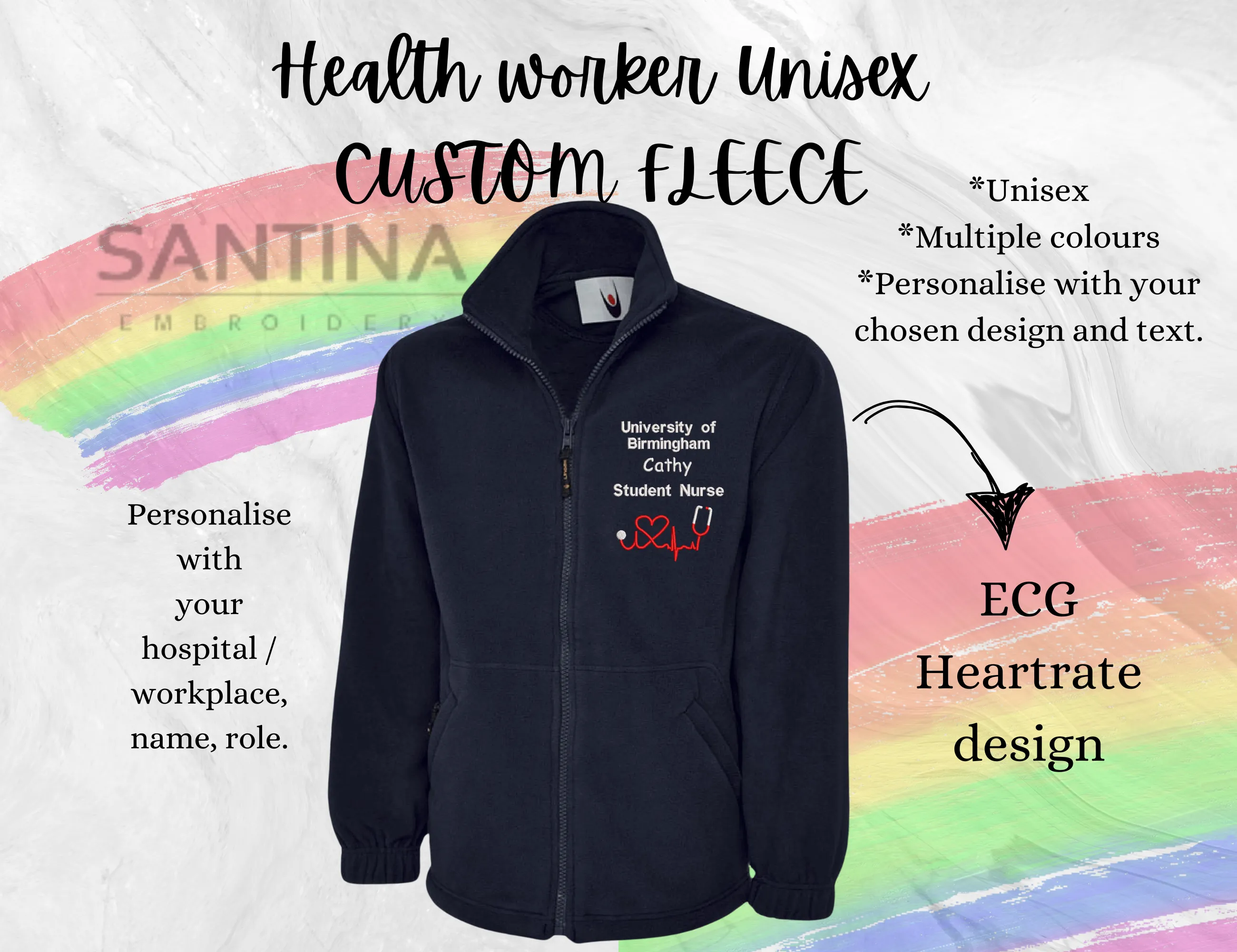 Healthworker stethoscope/ECG Custom personalised UNISEX full zip FLEECE jacket