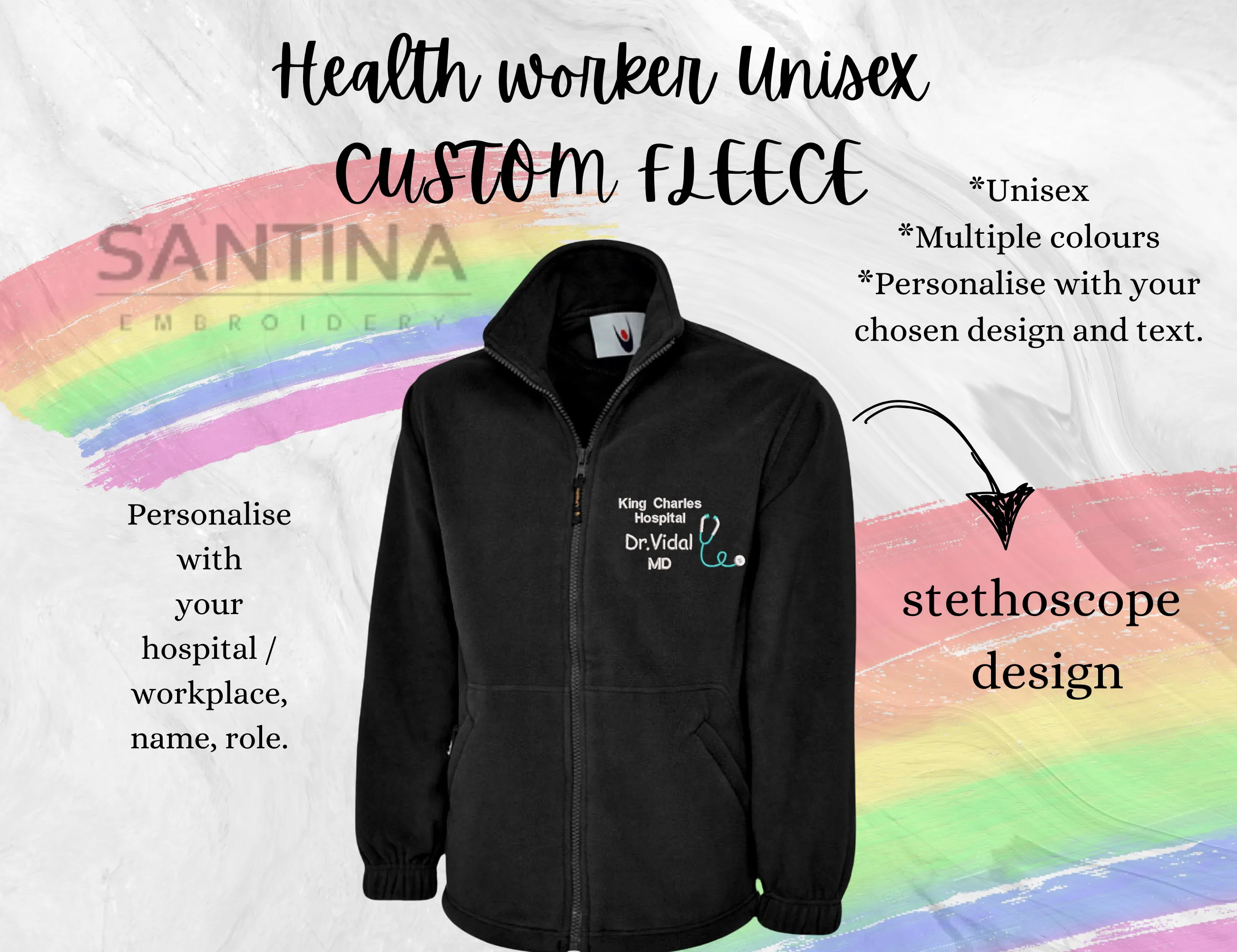 Healthworker stethoscope/ECG Custom personalised UNISEX full zip FLEECE jacket
