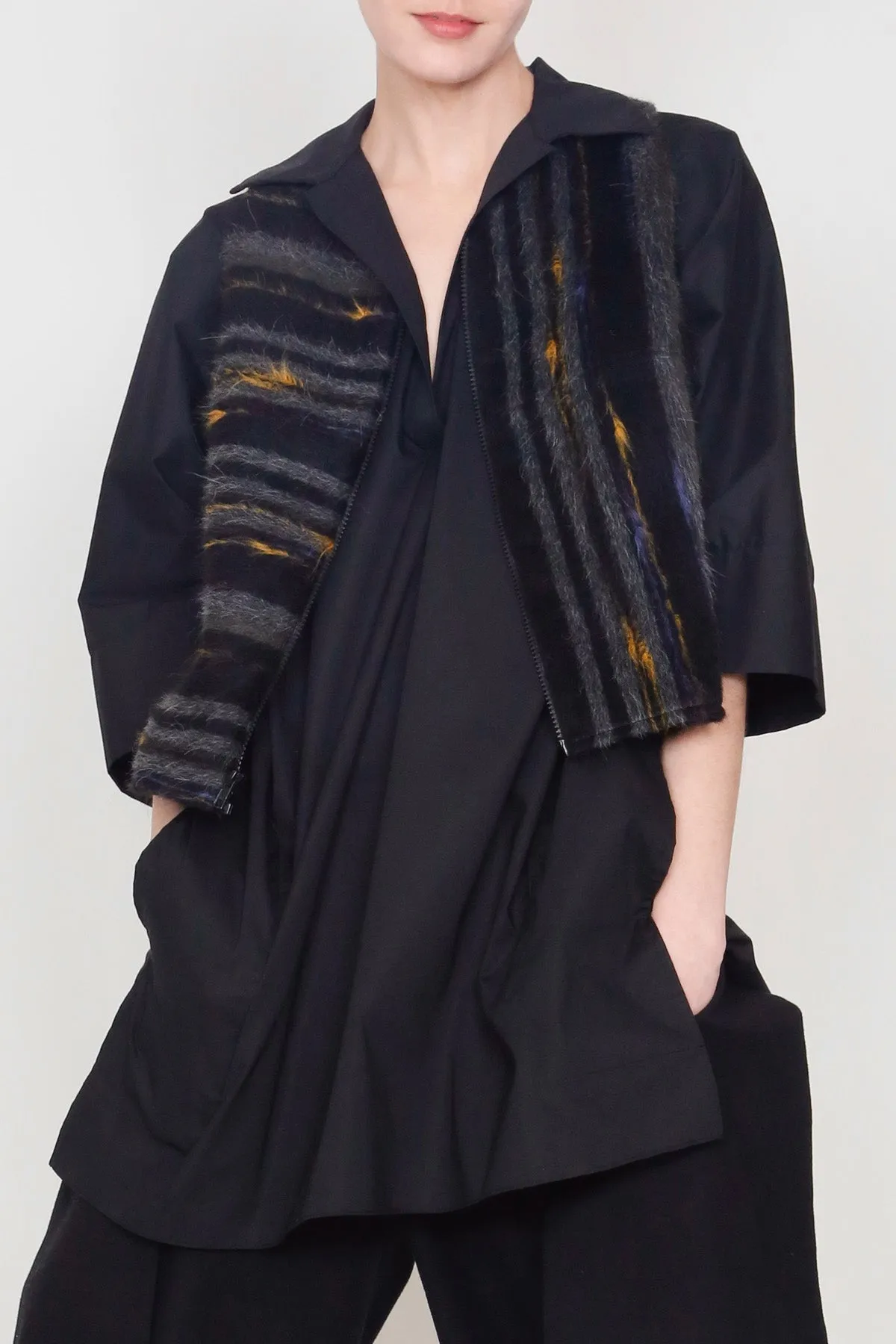 Multicolor Alpaca Hair Stripe and Black Cotton Utility Vest