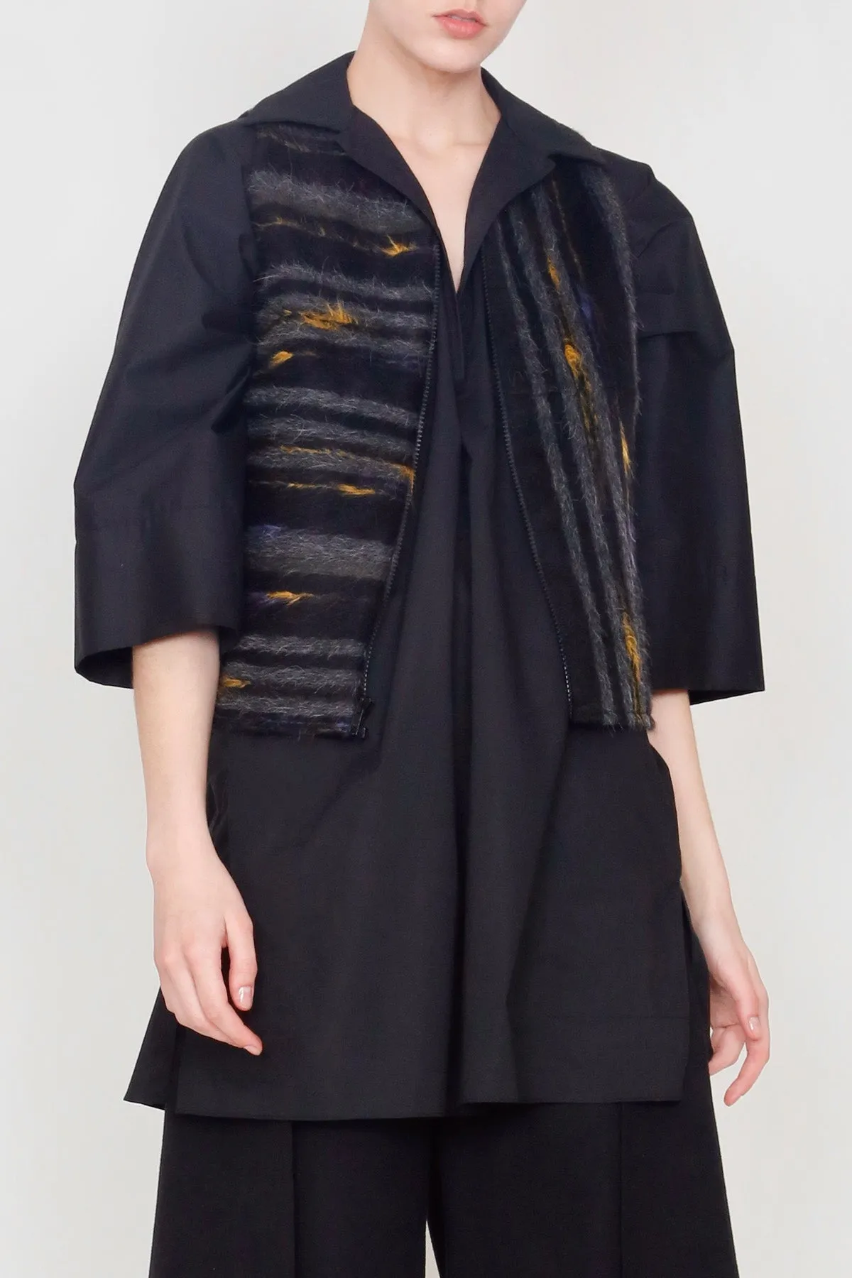Multicolor Alpaca Hair Stripe and Black Cotton Utility Vest