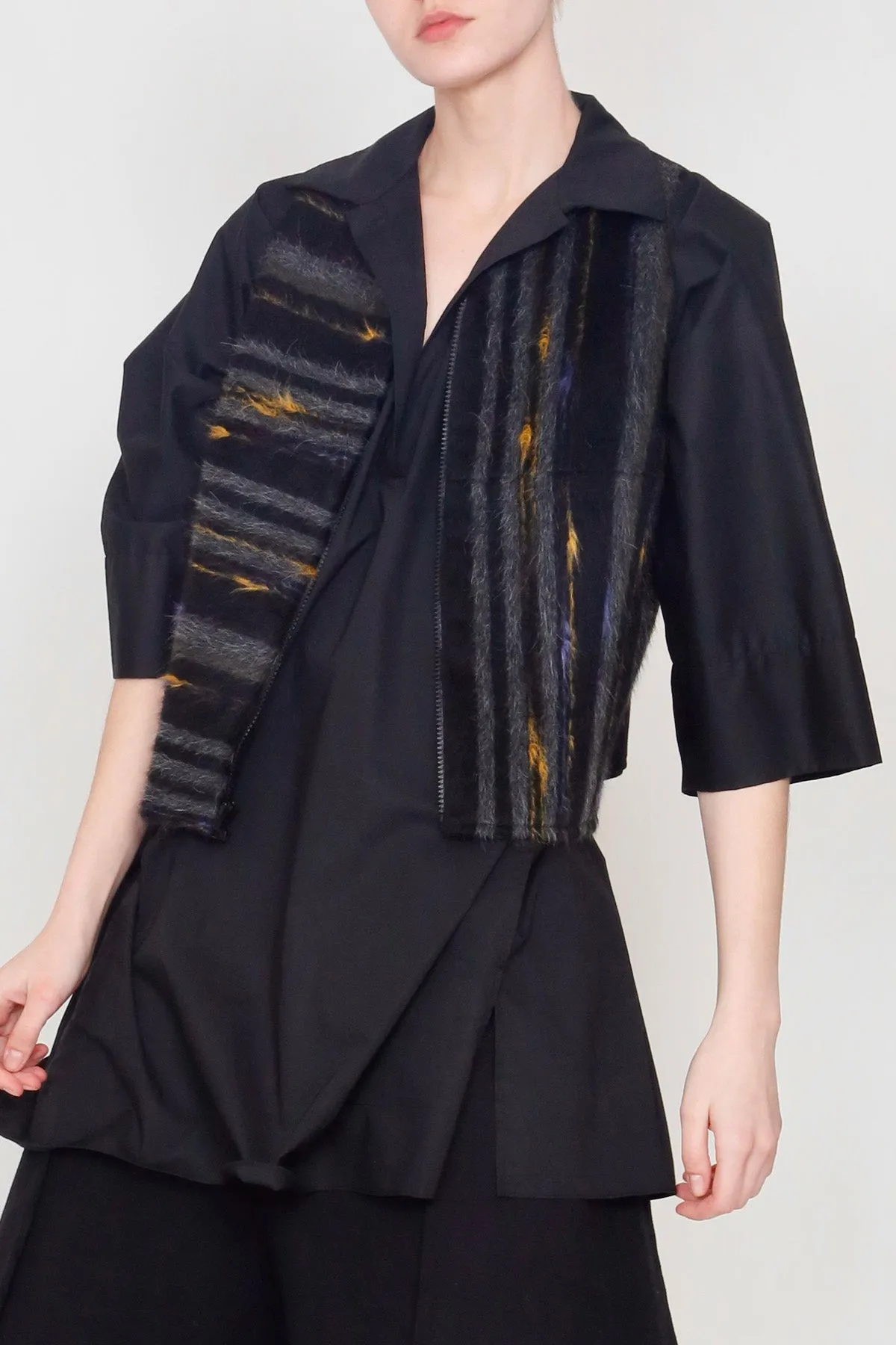 Multicolor Alpaca Hair Stripe and Black Cotton Utility Vest