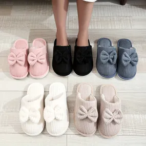 Solid Color Bowknot Decor Slippers, Casual Slip On Plush Lined Shoes, Comfortable Indoor Home Slippers Suitable for winter