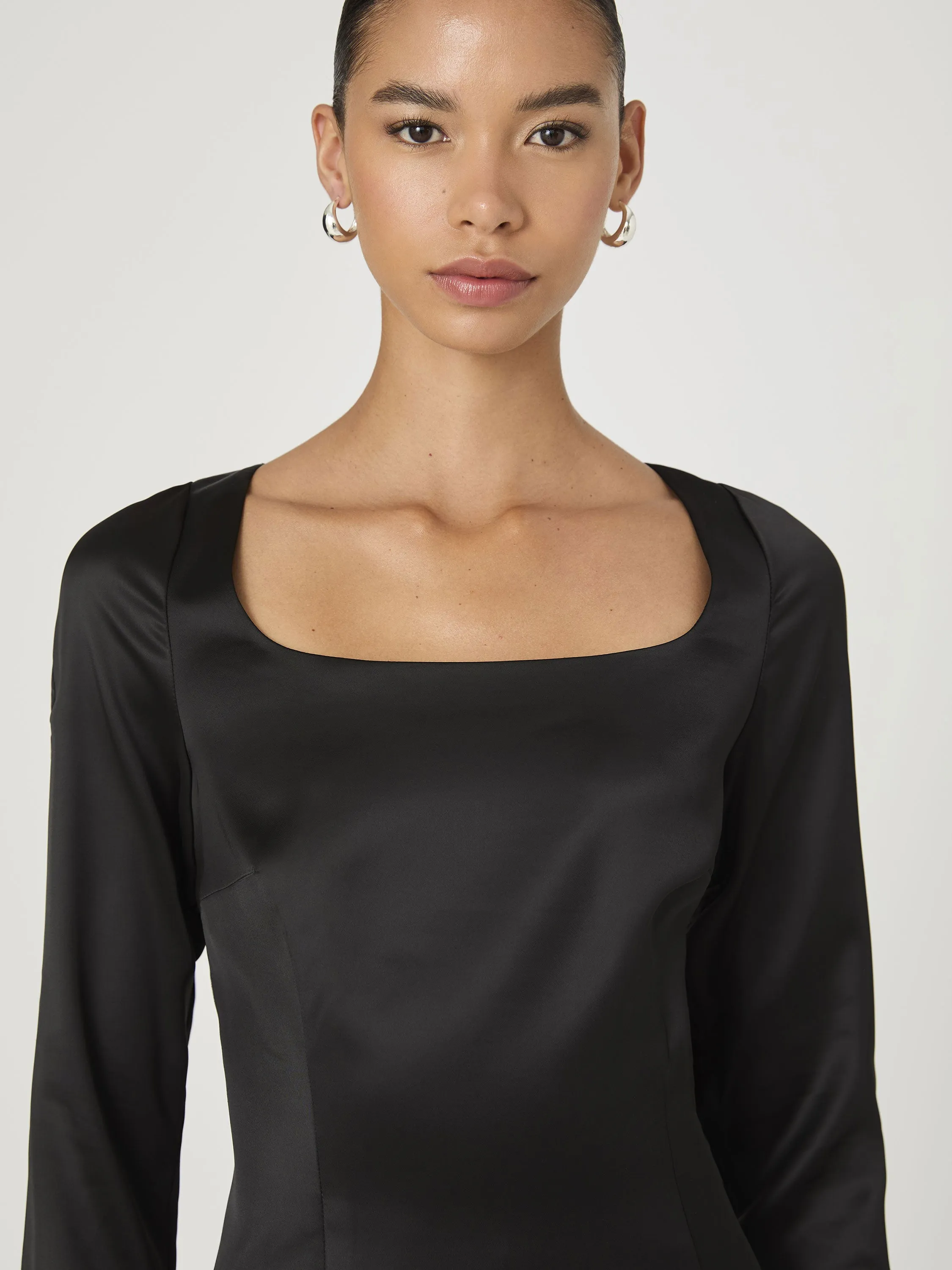 Structured Satin Long Sleeve Scoop Neck Mini Dress