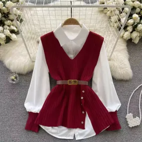 V-neck Knitted Vest&White Shirt 2Pcs