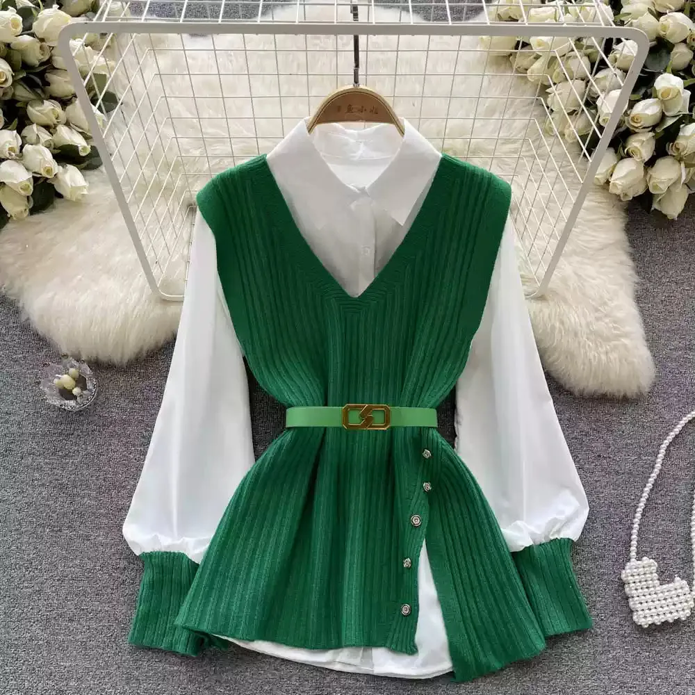 V-neck Knitted Vest&White Shirt 2Pcs