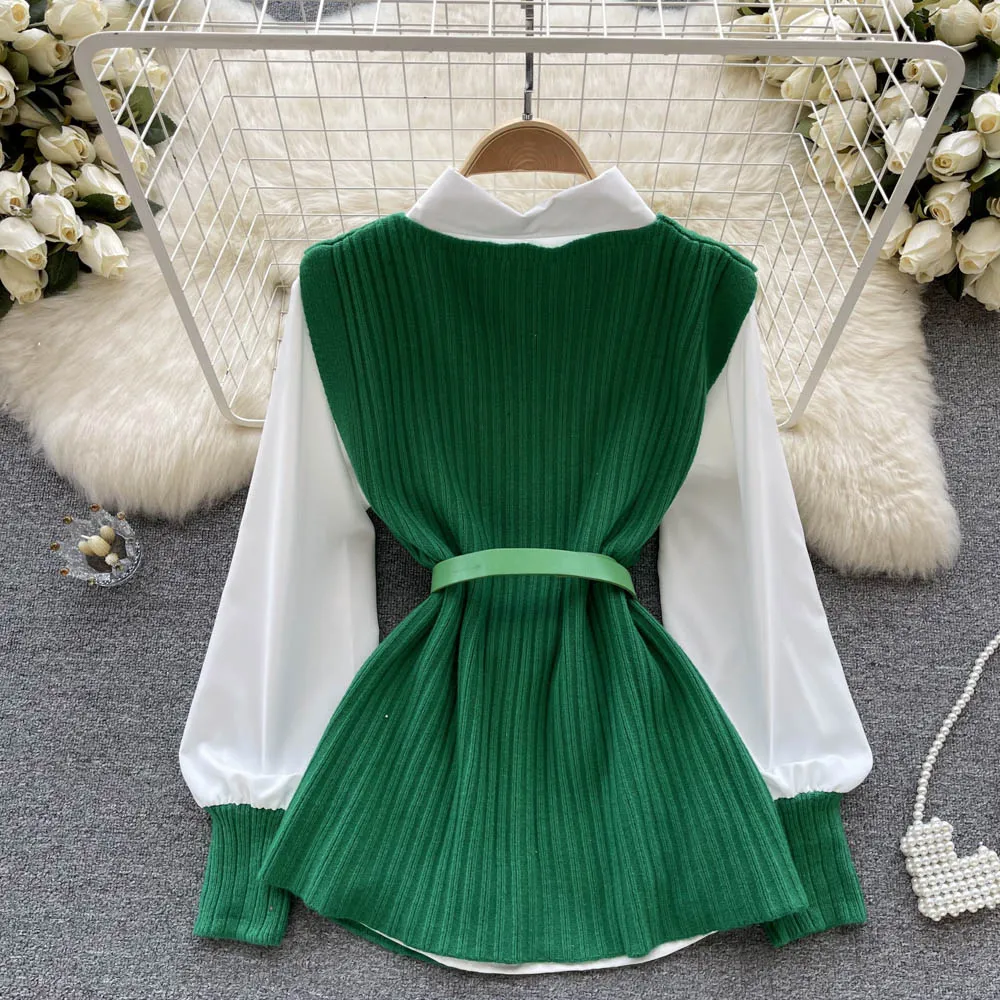 V-neck Knitted Vest&White Shirt 2Pcs