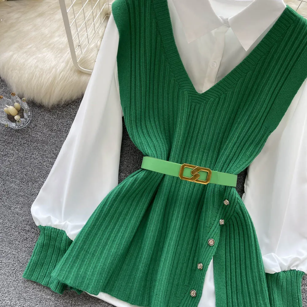 V-neck Knitted Vest&White Shirt 2Pcs