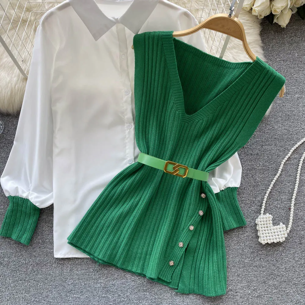 V-neck Knitted Vest&White Shirt 2Pcs
