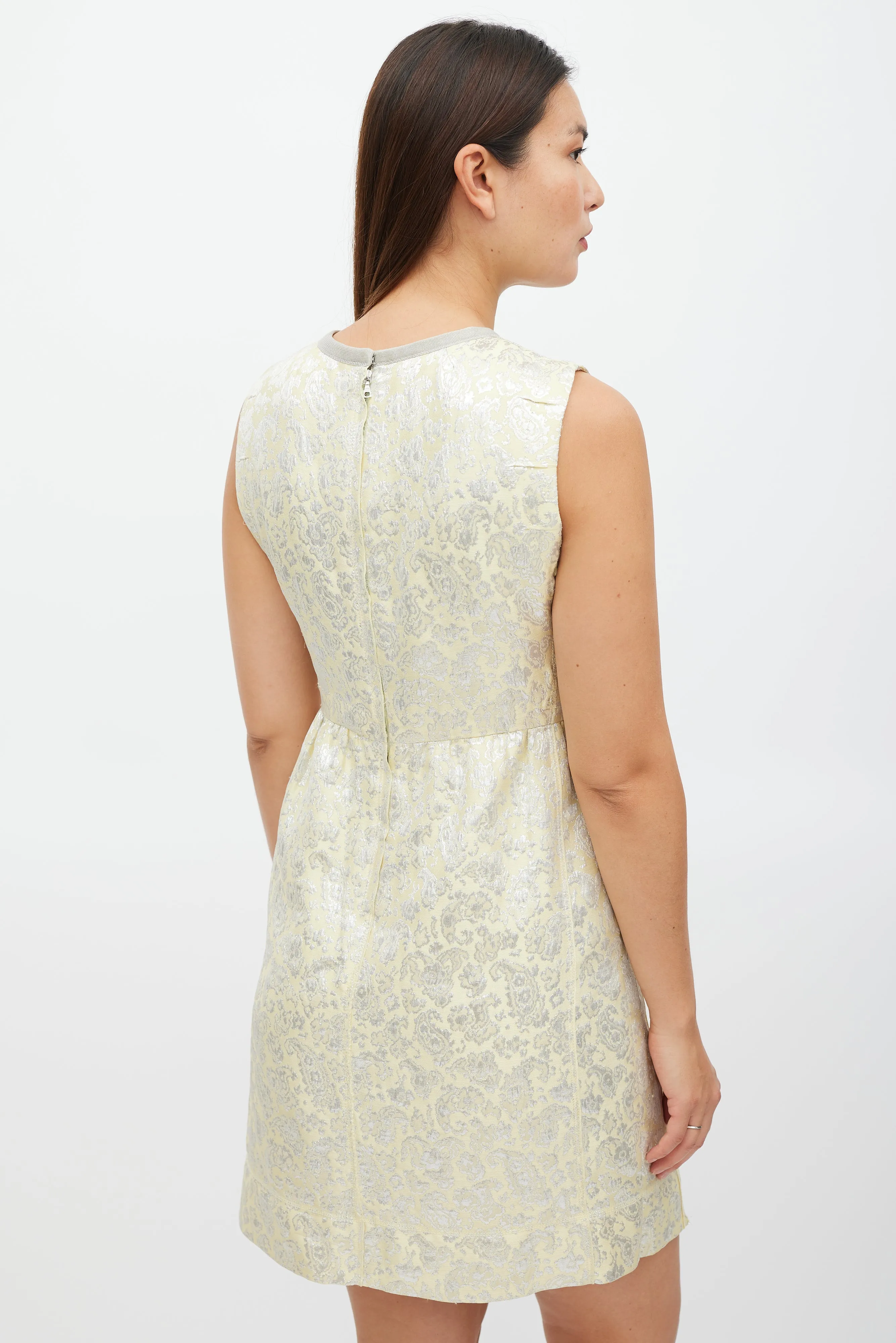Yellow & Silver Floral Jacquard Dress
