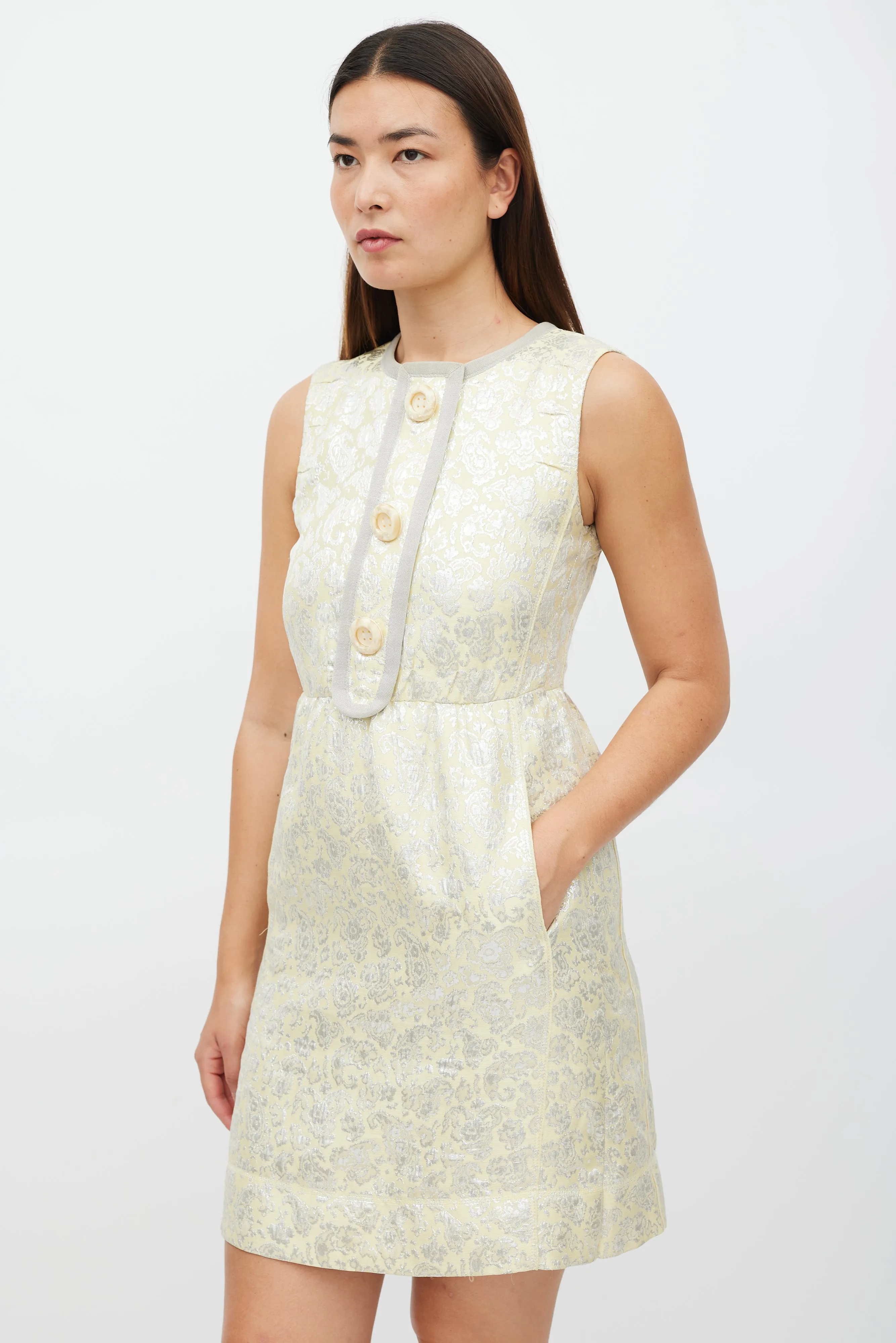 Yellow & Silver Floral Jacquard Dress